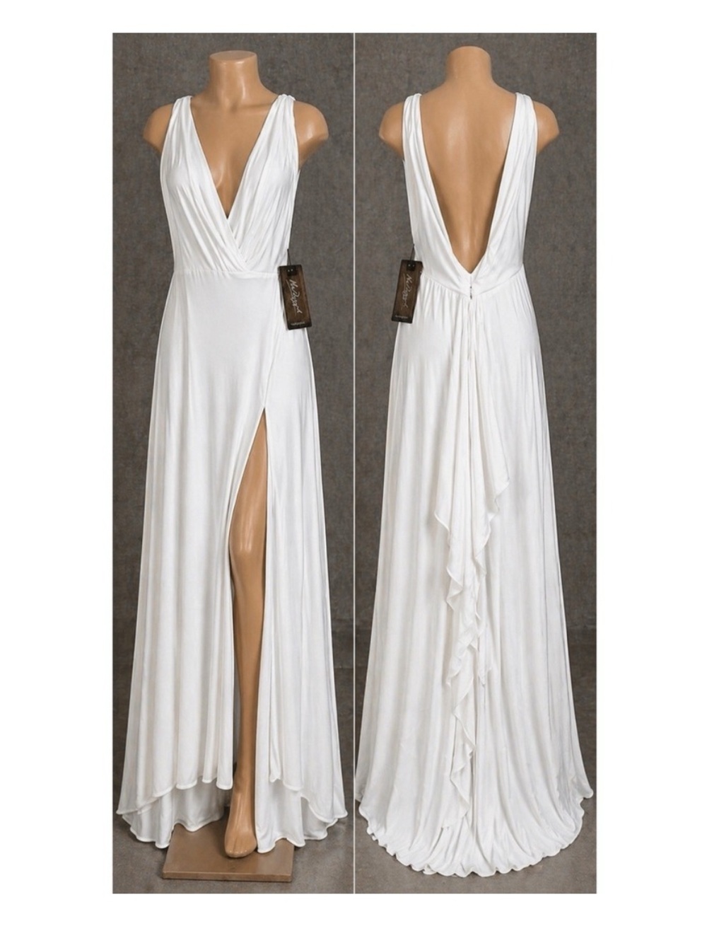 Mac Duggal White Bridal Maxi Dress Plunge V Neck Size 6 Slit Formal